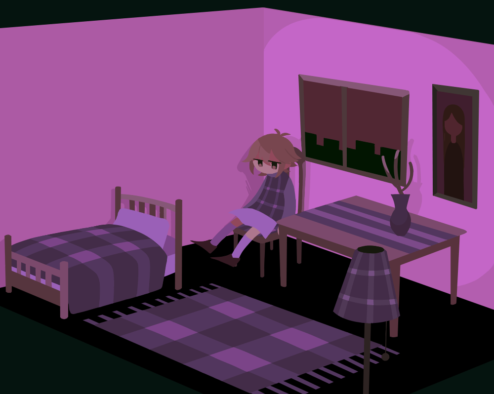 1girl antenna_hair bed bedroom brown_eyes chair commentary_request flipped_hair gingham indoors isometric jitome kneehighs lamp light_brown_hair long_sleeves no_mouth on_chair plant portrait_(object) potted_plant purple_skirt purple_socks purple_sweater purple_theme purple_vest rug shoes short_hair sitting skirt socks solo suyazzz_(soyoyon) sweater table tablecloth turtleneck turtleneck_sweater urotsuki vase vest wide_shot window yume_2kki
