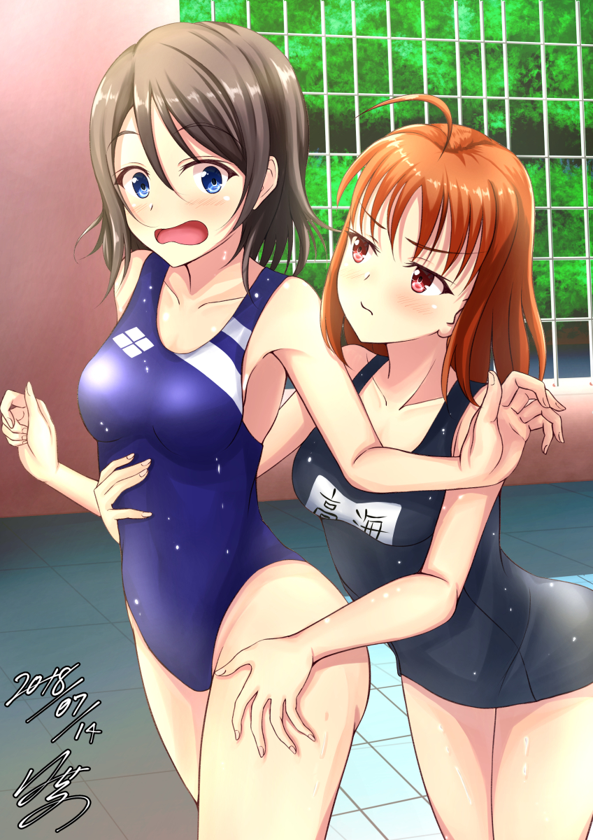 2girls black_one-piece_swimsuit blue_eyes blue_one-piece_swimsuit bow breasts clover_hair_ornament competition_school_swimsuit competition_swimsuit covered_navel cowboy_shot dated embarrassed envy fence food forest from_behind from_side frown fruit grey_hair groping hair_between_eyes hair_ornament hasekura_ryousuke highres love_live! love_live!_sunshine!! mandarin_orange medium_breasts multiple_girls nature old_school_swimsuit one-piece_swimsuit open_mouth orange_hair outdoors parted_bangs pool red_eyes school_swimsuit scowl short_hair signature surprised swept_bangs swimsuit takami_chika thighs tree wall watanabe_you yellow_bow