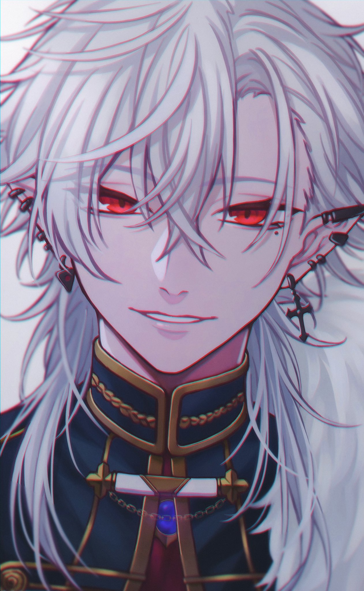 1boy cross cross_earrings ear_piercing earrings fur_trim hair_between_eyes high_collar highres hoop_earrings jacket jewelry kuzuha_(nijisanji) long_hair looking_at_viewer male_focus mole mole_under_eye moxamog nijisanji parted_lips piercing red_eyes simple_background solo upper_body virtual_youtuber white_background white_hair