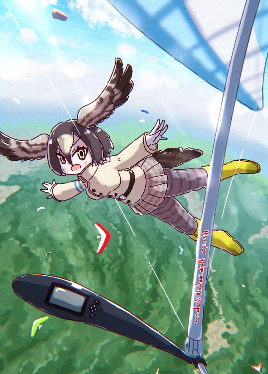 1girl animal_print bird_girl bird_print bird_tail bird_wings blonde_hair boots brown_hair brown_jacket flying grey_pantyhose grey_skirt hair_between_eyes hang_gliding head_wings high_collar highres jacket kemono_friends long_sleeves looking_at_viewer multicolored_hair nakashi_masakumi outstretched_arms pantyhose peregrine_falcon_(kemono_friends) peregrine_falcon_(old_design)_(kemono_friends) pleated_skirt print_pantyhose print_skirt sidelocks skirt solo tail white_hair wings yellow_boots yellow_eyes