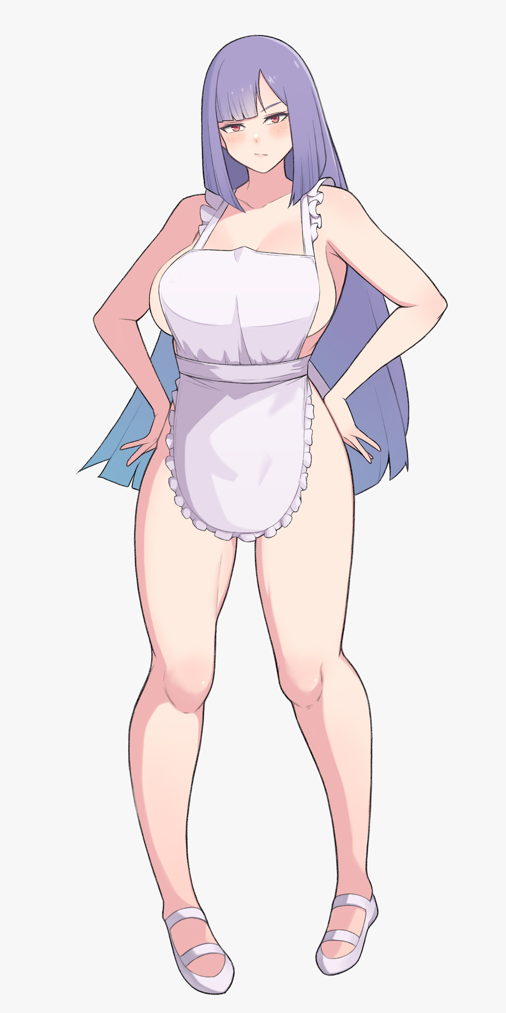 1girl apron blush breasts closed_mouth commentary frilled_apron frills full_body gundam gundam_zz highres konishiki_(52siki) long_hair looking_at_viewer medium_breasts naked_apron pigeon-toed purple_hair roux_louka serious shoes sideboob solo symbol-only_commentary uwabaki white_apron white_background white_shoes