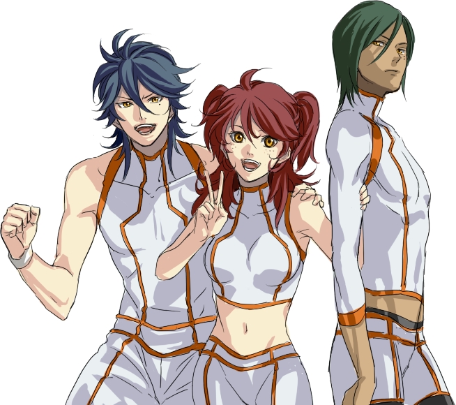 00s 1girl 2boys bad_id bad_pixiv_id blue_hair brother_and_sister brothers freckles green_hair gundam gundam_00 johann_trinity michael_trinity multiple_boys nena_trinity red_hair sakatsuki siblings two_side_up yellow_eyes