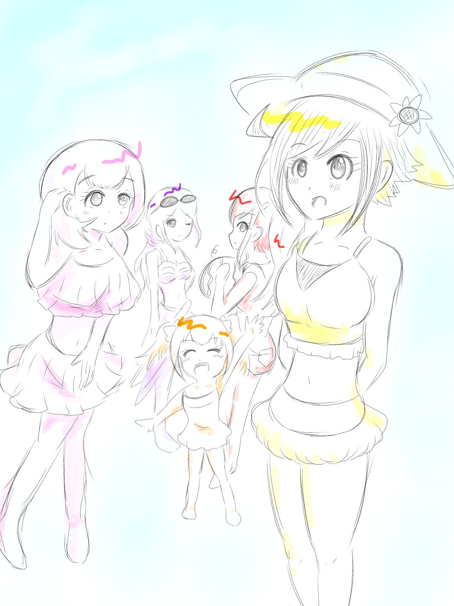 closed_eyes digimon digimon_rearise female_protagonist_(digimon_rearise) glasses_on_head happy highres kohinata_mayu looking_at_viewer shinjo_michi sketch smile swimsuit tamada_nozomi tsukimori_chihiro