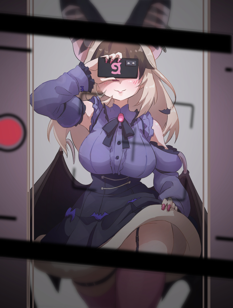 1girl animal_ears bat_ears bat_girl bat_wings bow bowtie brown_hair brown_long-eared_bat_(kemono_friends) cellphone dress earrings extra_ears garter_straps grey_hair japari_symbol jewelry kemono_friends kemono_friends_v_project long_hair lowlandgorilla phone selfie simple_background skirt smartphone solo thighhighs virtual_youtuber wings