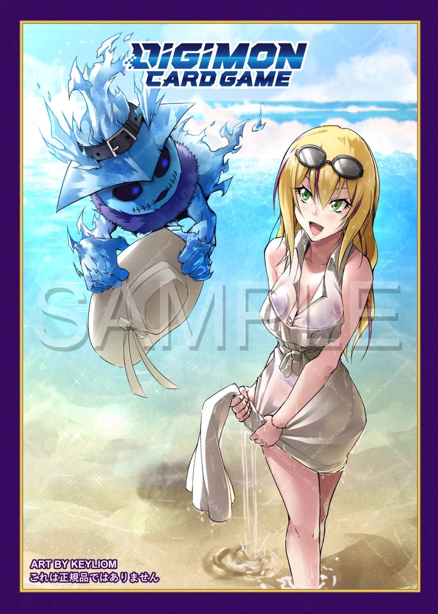 1girl bare_shoulders beach black_bra black_panties blonde_hair bra bra_visible_through_clothes breasts cleavage digimon digimon_(creature) digimon_card_game digimon_liberator dress eyewear_on_head floating ghost ghostmon hat highres holding holding_unworn_clothes holding_unworn_hat keyliom large_breasts long_hair multicolored_hair ocean panties panties_visible_through_clothes purple_hair sample_watermark sand see-through_clothes see-through_dress standing sunglasses two-tone_hair underwear unworn_hat unworn_headwear violet_inboots watermark wet wet_clothes wet_dress white_dress white_hat wringing_clothes wringing_dress