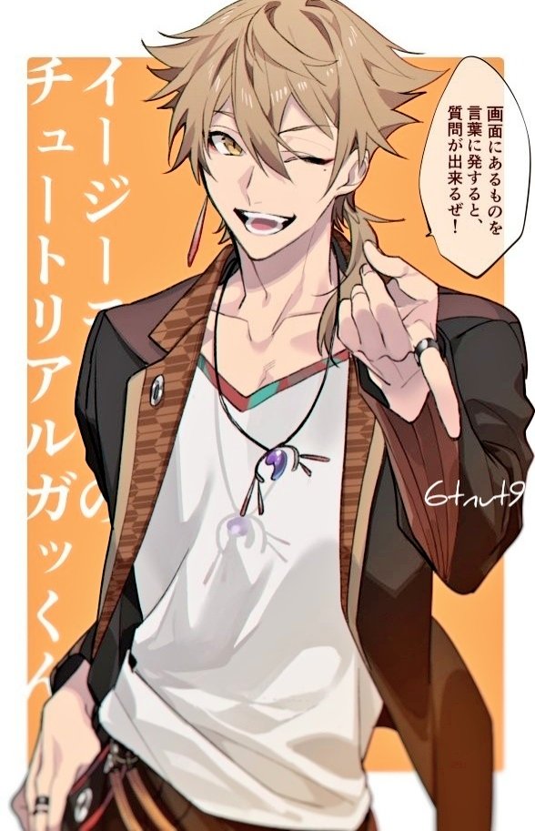 1boy 6tnut9 ;d artist_name black_jacket border brown_eyes brown_hair collarbone commentary_request earrings eyeshadow fushimi_gaku fushimi_gaku_(1st_costume) hair_between_eyes hair_over_shoulder hand_on_own_hip index_finger_raised jacket jewelry lapels long_sleeves looking_at_viewer low_ponytail magatama magatama_necklace makeup male_focus medium_hair mole mole_under_eye necklace nijisanji one_eye_closed open_clothes open_jacket open_mouth orange_background outstretched_hand pointing pointing_at_viewer ponytail red_eyeshadow ring shirt single_earring smile solo teeth thumb_in_pocket translation_request virtual_youtuber white_border white_shirt yagasuri