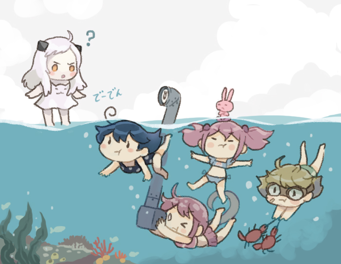5girls ? abyssal_ship ahoge akebono_(kancolle) akebono_kai_ni_(kancolle) akebono_kai_ni_(swimsuit)_(kancolle) animal bandaid bandaid_on_face bikini black_hair black_one-piece_swimsuit blue_bikini blush_stickers closed_mouth colored_skin crab dress goggles hair_bobbles hair_ornament horns kantai_collection light_brown_hair long_hair multiple_girls northern_little_sister oboro_(kancolle) oboro_(swimsuit)_(kancolle) one-piece_swimsuit one_eye_closed pink_hair polka_dot polka_dot_swimsuit purple_bikini purple_hair rabbit saiguchi_otoufu sazanami_(kancolle) sazanami_(swimsuit)_(kancolle) short_hair side_ponytail swimsuit twintails ushio_(kancolle) ushio_(swimsuit)_(kancolle) white_dress white_hair white_skin yellow_eyes