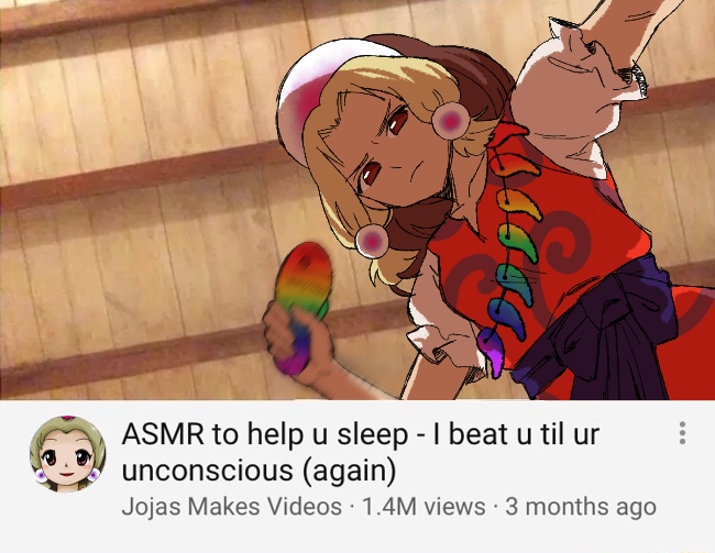 1girl blonde_hair blouse brown_eyes caramelized_tomatoes crown earrings english_text fake_screenshot from_below hairband jewelry magatama meme multicolored_clothes multicolored_hairband open_mouth orb patterned_clothing rainbow_gradient rainbow_order red_shirt sandals sash shirt skirt solo tamatsukuri_misumaru tiara touhou yellow_skirt youtube zun