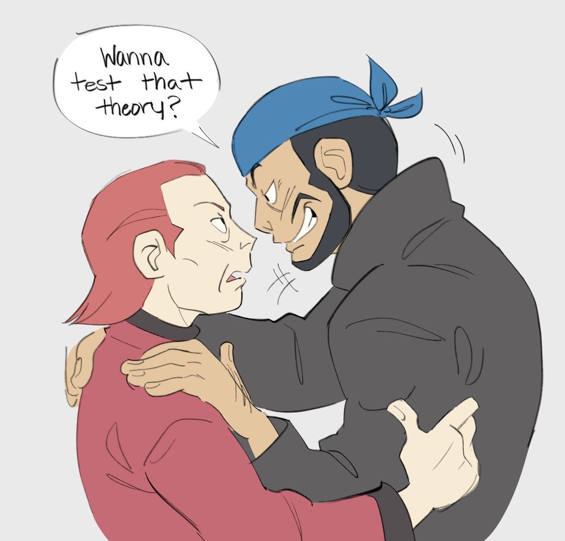 +++ 2boys archie_(pokemon) bandana black_eyes black_hair blue_bandana coat commentary english_text eye_contact facial_hair from_side grey_background grin hands_on_another's_shoulders looking_at_another lynn_(daisiloou) male_focus maxie_(pokemon) multiple_boys nintendo pokemon pokemon_rse red_coat red_hair shirt short_hair smile speech_bubble teeth upper_body yaoi
