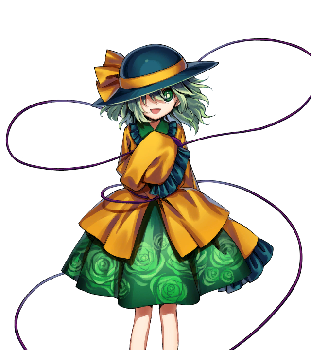 1girl black_boots black_hat boots bow feet_out_of_frame floral_print floral_print_skirt flower frilled_shirt_collar frilled_skirt frilled_sleeves frills green_eyes green_hair green_pupils green_skirt hair_between_eyes hand_up harukawa_moe hat hat_bow heart inverted_triangle_mouth komeiji_koishi long_sleeves looking_at_viewer official_art one_eye_covered open_mouth out_of_frame print_skirt rose rose_print shirt short_hair skirt sleeves_past_fingers sleeves_past_wrists smile solo standing tachi-e third_eye third_eye_on_chest touhou transparent_background urban_legend_in_limbo wide_sleeves yellow_bow yellow_shirt