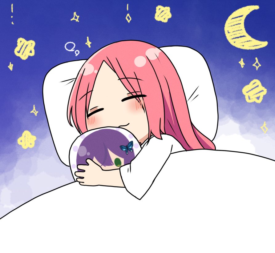 1girl :3 =_= assault_lily blanket blue_background blush character_print chibi closed_eyes closed_mouth crescent funada_kiito gradient_background hair_down hand_up hugging_object long_hair long_sleeves lying nigari_(ngari_0115) on_side parted_bangs pillow pillow_hug print_pillow red_hair shiba_tomoshibi shirt sleeping smile solo sparkle star_(symbol) under_covers upper_body white_shirt