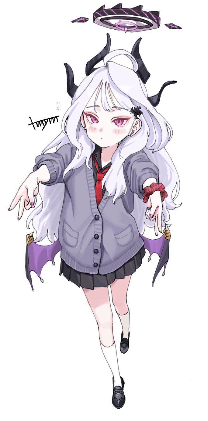 1girl alternate_costume black_horns black_shirt black_shoes black_skirt blue_archive blush cardigan closed_mouth commentary_request double_v flying_sweatdrops grey_cardigan grey_hair hair_ornament halo highres hina_(blue_archive) horns long_hair looking_at_viewer low_wings multiple_horns necktie pink_eyes pleated_skirt red_necktie scrunchie shirt shoes simple_background skirt socks solo tamayume v white_socks wings wrist_scrunchie