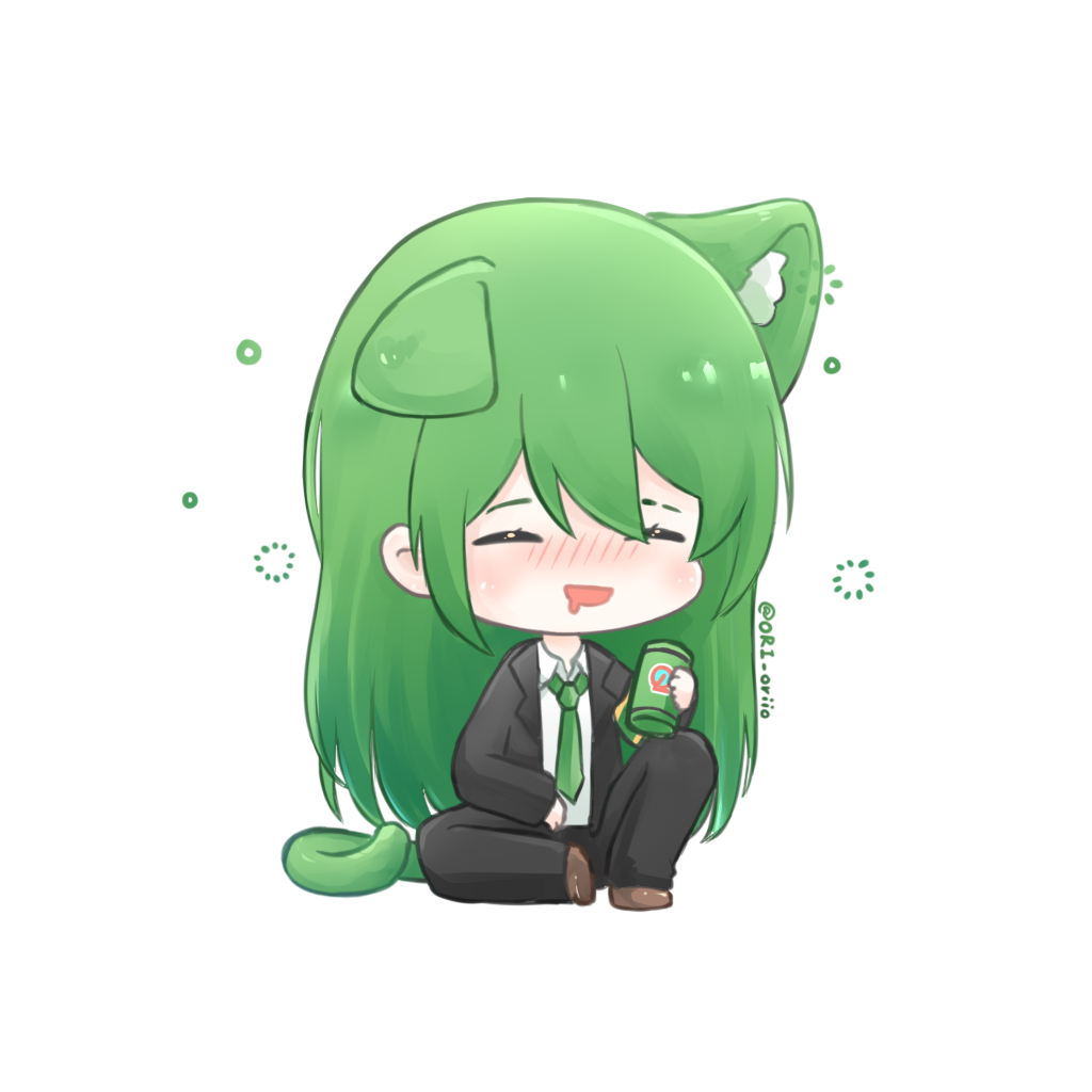 1boy black_jacket black_pants black_suit blush can cat_boy chibi closed_eyes collared_shirt drooling drunk formal_clothes green_hair green_necktie holding holding_can jacket knee_up lapels lobotomy_corporation lobotomy_corporation_logo long_hair male_focus mouth_drool necktie netzach_(project_moon) ori_oriio pants project_moon shirt sitting solo squeans suit white_shirt