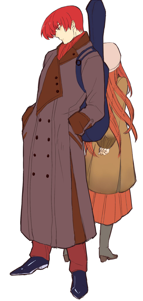00s 1boy 1girl blue_eyes crossover guitar_case hairband instrument_case jacket leather leather_jacket long_hair long_skirt red_eyes red_hair red_skirt short_hair simple_background skirt tarakoutibiru the_king_of_fighters tohno_akiha toono_akiha tsukihime vermillion_akiha very_long_hair yagami_iori