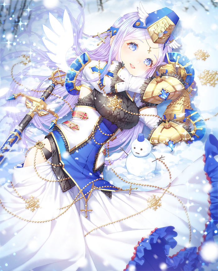 1girl :d armor beads belt black_panties blue_eyes blurry blush breasts breath circlet cross crystal depth_of_field elbow_pads female_focus frilled_skirt frills gauntlets gem gloves hair_ornament hat jewelry large_breasts long_hair looking_at_viewer lying on_ground on_side open_mouth panties puffy_sleeves purple_hair saban sigmund_(sword_girls) skirt smile snow snowflakes snowing snowman solo sparkle sweater sword sword_girls underbust underwear very_long_hair weapon white_gloves white_skirt white_wings winged_hat wings
