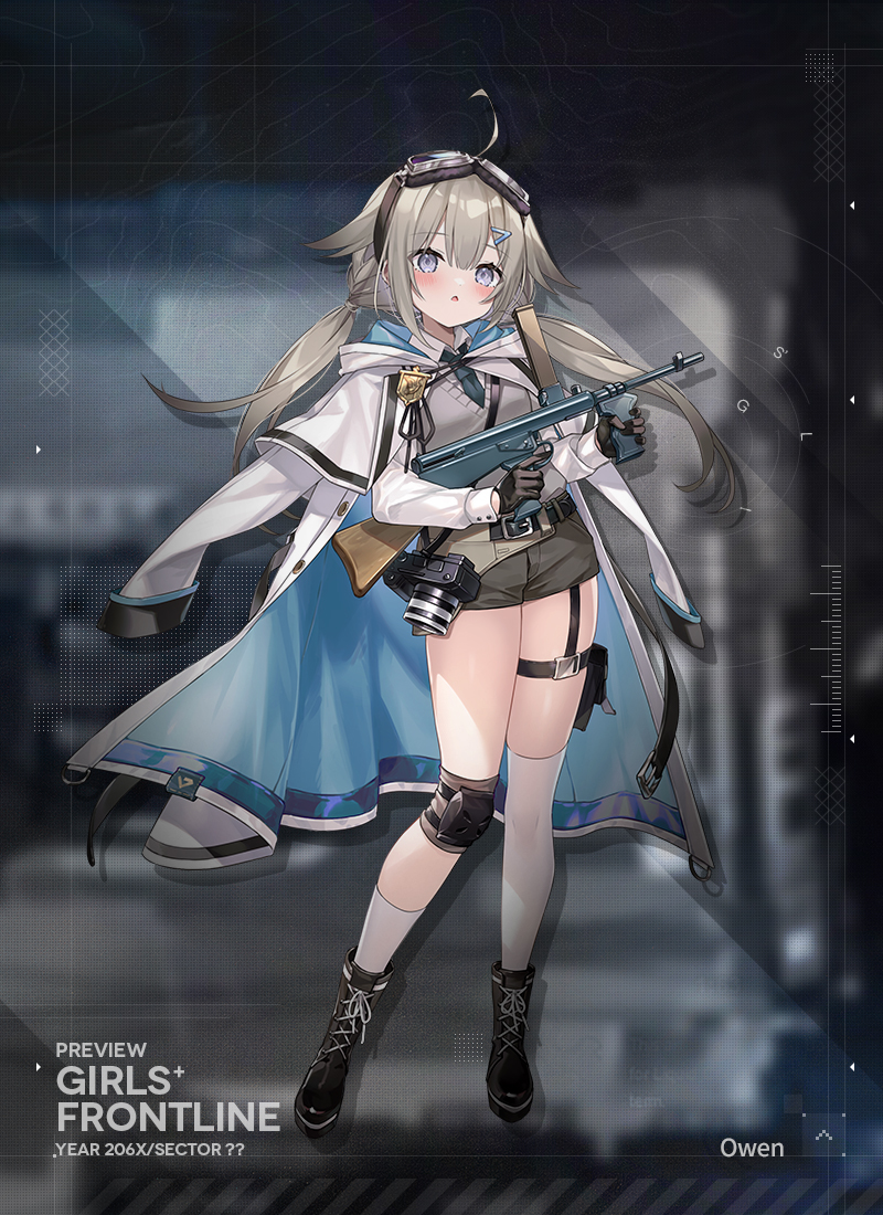1girl ahoge asymmetrical_legwear belt belted_coat black_belt black_boots black_gloves blue_coat blue_eyes blue_necktie blush boots brown_shorts camera camera_around_neck character_name coat coat_on_shoulders collared_shirt commentary copyright_name double-parted_bangs emblem english_commentary full_body girls&#039;_frontline gloves goggles goggles_on_head grey_sweater_vest gun hair_ears hair_ornament hairclip holding holding_gun holding_weapon hood hood_down hooded_coat knee_pads kneehighs lace-up_boots light_brown_hair long_hair long_sleeves looking_at_viewer low_twintails necktie official_alternate_costume official_art open_clothes open_coat owen_(girls&#039;_frontline) owen_gun parted_lips pouch promotional_art saiki_komari second-party_source shirt shorts single_knee_pad single_kneehigh single_sock single_thighhigh socks solo standing sweater_vest thigh_pouch thighhighs trigger_discipline twintails two-sided_coat two-sided_fabric very_long_hair weapon white_coat white_shirt white_socks white_thighhighs