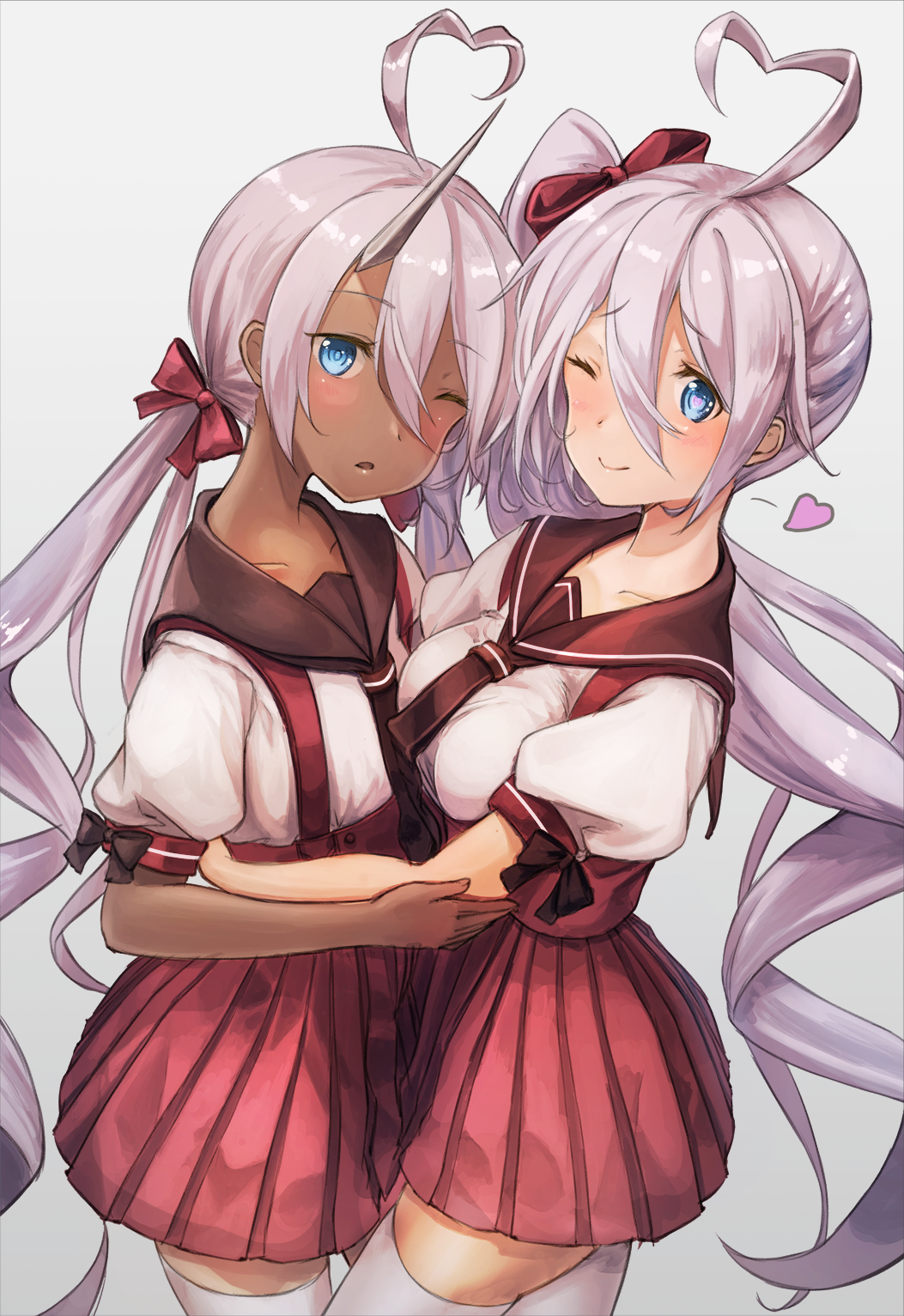 2girls ahoge azur_lane black_necktie black_sailor_collar blue_eyes blush bow breasts closed_mouth commentary_request cowboy_shot dark-skinned_female dark_skin expressionless grey_horns hair_bow heart heart-shaped_pupils heart_ahoge highres horns hug indianapolis_(at_school_with_my_sister...)_(azur_lane) indianapolis_(azur_lane) large_breasts long_hair looking_at_viewer miniskirt multiple_girls necktie official_alternate_costume one_eye_closed open_mouth pink_hair pleated_skirt portland_(at_school_with_indy!)_(azur_lane) portland_(azur_lane) puffy_short_sleeves puffy_sleeves red_bow red_skirt sailor_collar school_uniform serafuku shirt short_sleeves siblings side_ponytail simple_background sisters skirt smile suspender_skirt suspenders symbol-shaped_pupils thighhighs twintails very_long_hair white_background white_shirt white_thighhighs yu_ni_t