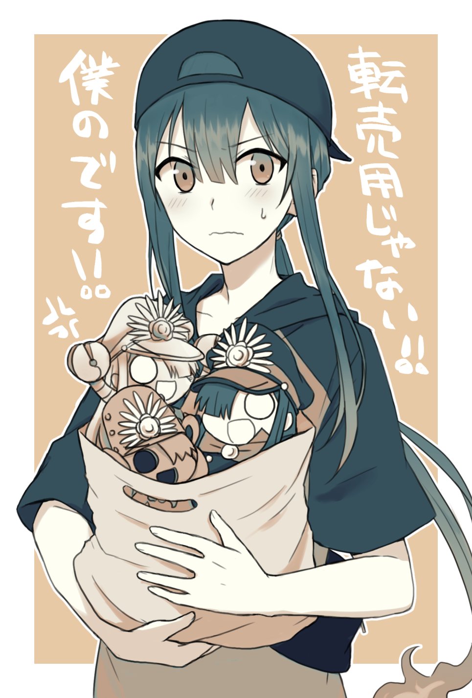 1boy :d alternate_costume backwards_hat bag baseball_cap black_hair black_hat black_hoodie blank_eyes blush border casual center-flap_bangs closed_mouth collarbone fate/grand_order fate_(series) fiery_hair furrowed_brow hair_between_eyes haniwa_(statue) hat highres holding holding_bag hood hoodie keikenchi_(style) limited_palette long_hair looking_at_viewer low_ponytail male_focus military_hat mini_nobu_(fate) oda_nobukatsu_(fate) oda_nobunaga_(fate) open_mouth outline outside_border peaked_cap ponytail robot short_sleeves sidelocks smile solo sweatdrop teramoto_kei upper_body v-shaped_eyebrows very_long_hair wavy_mouth white_border white_outline yellow_background yellow_eyes