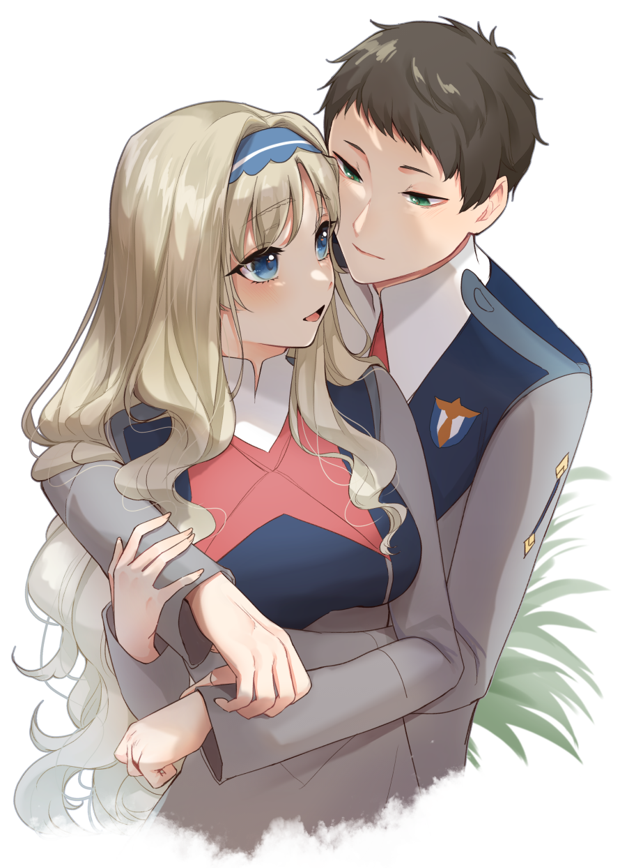 1boy 1girl :d black_hair blush breasts brown_hair carrot_(robosquat) couple darling_in_the_franxx green_eyes grey_jacket hairband hand_on_another&#039;s_arm hetero highres hug hug_from_behind jacket kokoro_(darling_in_the_franxx) long_hair long_sleeves looking_at_another military_uniform mitsuru_(darling_in_the_franxx) open_mouth parasite_dress_uniform_(darling_in_the_franxx) smile very_long_hair wavy_hair