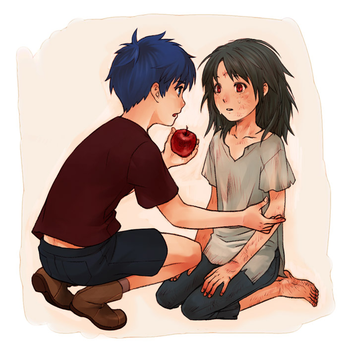 2boys aged_down apple barefoot black_hair blue_eyes blue_hair bruise bruise_on_face facial_mark fire_emblem fire_emblem:_path_of_radiance fire_emblem:_radiant_dawn food fruit ike_(fire_emblem) injury kobashi_(hodohodo) messy_hair multiple_boys nintendo red_eyes red_shirt shirt short_hair sitting soren_(fire_emblem) tears torn_clothes wariza