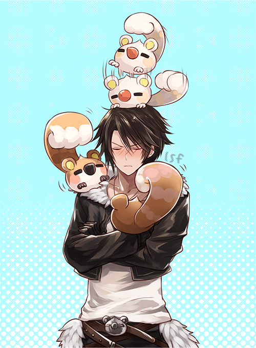 1boy animal animal_on_head animal_on_shoulder belt black_jacket black_pants blush brown_hair cropped_jacket crossed_arms crossed_belts embarrassed final_fantasy final_fantasy_viii fur-trimmed_jacket fur_trim furrowed_brow jacket jewelry jumping leather_belt light_frown male_focus multiple_belts necklace nut_eater on_head open_clothes open_jacket pants red_nose sasanomesi scar scar_on_face scar_on_forehead shirt short_hair squall_leonhart squirrel standing upper_body white_fur white_shirt world_of_final_fantasy