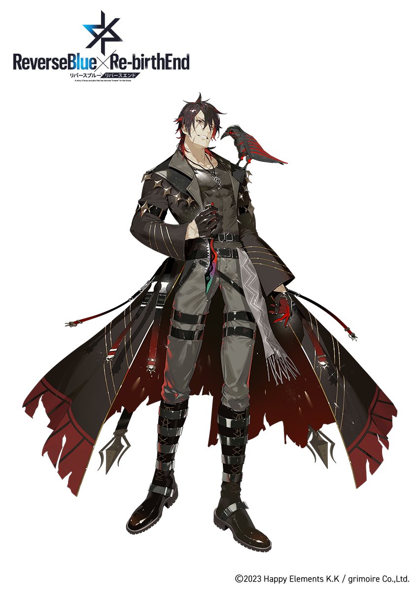 1boy abs animal animal_on_shoulder arm_at_side belt belt_boots belt_buckle bird bird_on_shoulder black_belt black_boots black_coat black_eyes black_gloves black_hair black_shirt boots buckle coat collarbone colored_inner_hair compression_shirt copyright_name copyright_notice crow dagger full_body gloves grey_pants grey_sash grin hair_between_eyes half_gloves highres holding holding_dagger holding_knife holding_weapon jewelry knee_boots knife lace-up_boots lapels long_sleeves looking_at_viewer multicolored_hair multiple_belts non-humanoid_robot notched_lapels official_art open_clothes open_coat pants pendant red_coat red_gloves red_hair reverse_grip reverseblue_x_re-birthend robot robot_animal scar scar_across_eye scar_on_face scar_on_hand semi_(p-poco) shirt short_hair simple_background sleeve_garter smile solo standing thigh_strap torn_clothes torn_coat two-sided_coat two-sided_fabric two-tone_gloves weapon white_background wolf_cut