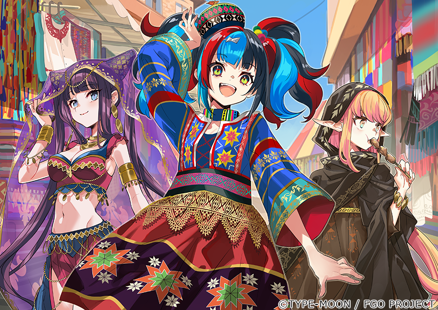 3girls arabian_clothes armlet black_hair blue_eyes blue_hair blue_sky breasts circe_(fate) cleavage cloak copyright_notice day dress earrings eating fate/grand_order fate_(series) food hair_ornament hairclip hat head_chain holding holding_food hood hood_up hooded_cloak ito_noizi jewelry long_hair looking_at_viewer midriff multicolored_eyes multicolored_hair multiple_girls navel necklace official_art open_mouth outdoors pink_eyes pink_hair pointy_ears promotional_art purple_hair red_hair sei_shounagon_(fate) shish_kebab sky smile twintails veil very_long_hair yang_guifei_(fate) yellow_eyes