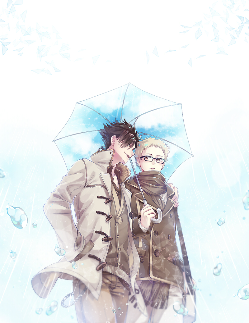 2boys glasses haikyuu!! holding holding_umbrella kuroo_tetsurou lowah multiple_boys short_hair tsukishima_kei umbrella