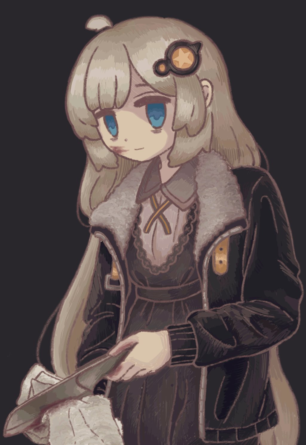 1girl ahoge alternate_hairstyle bags_under_eyes black_background black_dress black_jacket blood blood_on_face blue_eyes cleaning cleaning_weapon collared_shirt commentary_request cowboy_shot cross_tie dress empty_eyes fur-trimmed_jacket fur_trim grey_hair hair_down hair_ornament highres holding holding_knife holding_towel jacket kanrei_touko kitchen_knife kizuna_akari knife light_smile long_hair looking_at_viewer open_clothes open_jacket sad_smile shirt simple_background solo towel very_long_hair vocaloid voiceroid weapon white_shirt wiping_blood