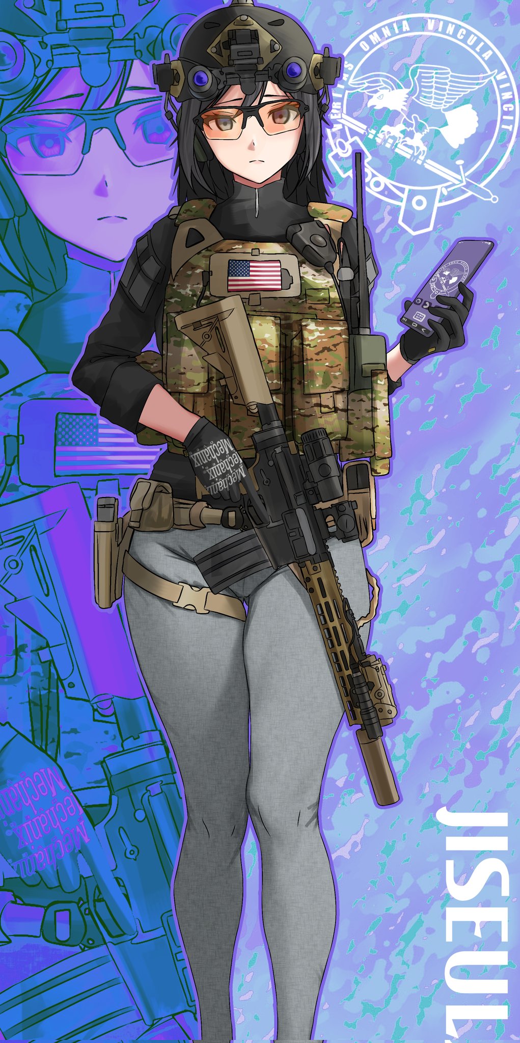 1girl american_flag black_eyes black_gloves black_hair black_helmet camouflage_vest cellphone character_name closed_mouth combat_helmet commentary commentary_request corrupted_twitter_file dgkamikaze english_commentary foot_out_of_frame gloves grey_pants helmet highres holding holding_phone jiseul_(aceno_9029) lands military_fatigues military_uniform original pants phone second-party_source serious smartphone solo standing thigh_strap thighs walkie-talkie zoom_layer