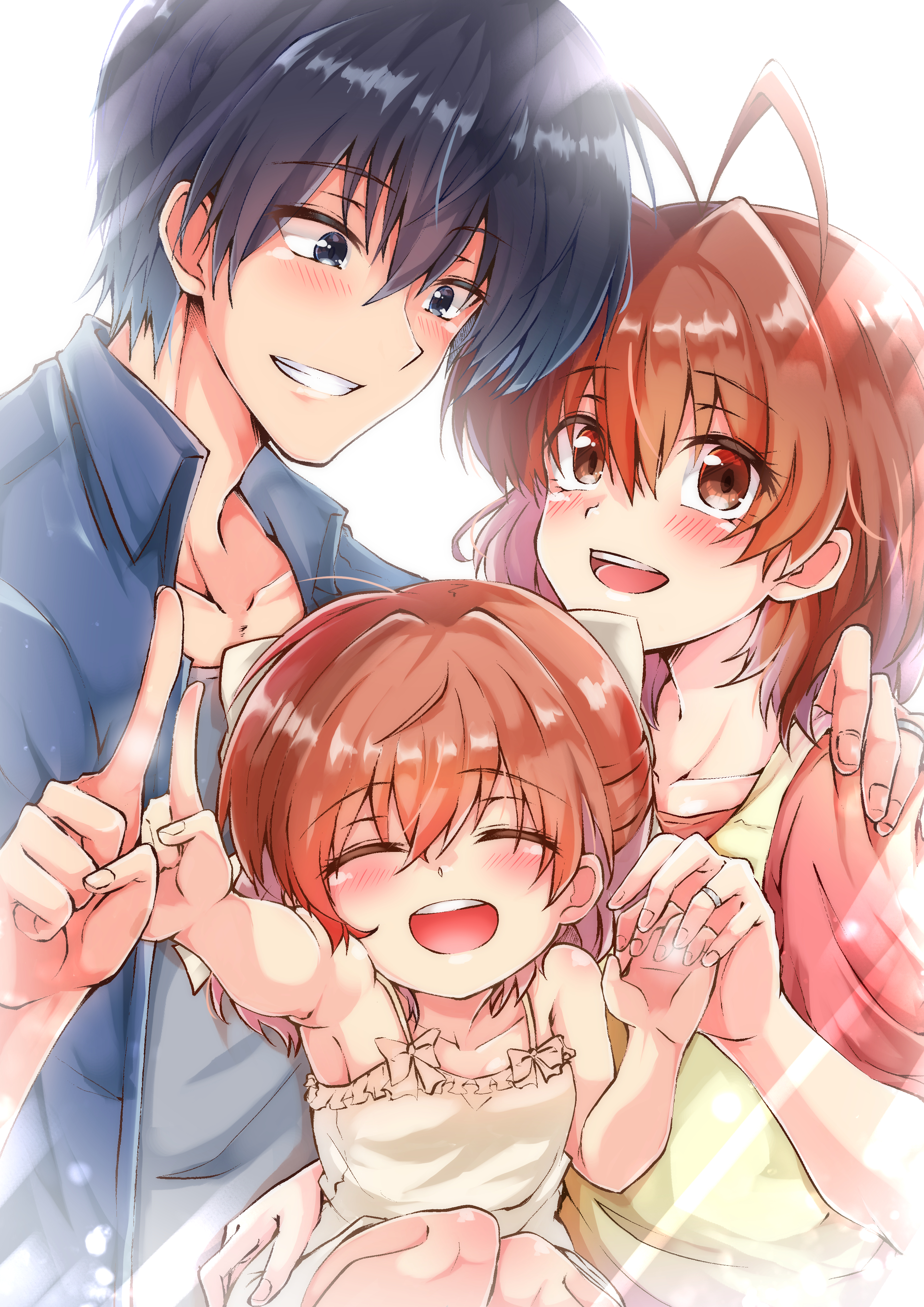 1boy 2girls :d ^_^ absurdres antenna_hair bare_arms blue_eyes blue_hair blue_jacket blush bow brown_eyes brown_hair casual child clannad closed_eyes collarbone commentary_request couple dress dress_bow eyelashes eyes_visible_through_hair family father_and_daughter fingernails furukawa_nagisa grin hair_between_eyes hair_bow hand_on_another's_shoulder hetero highres holding_hands index_finger_raised jacket jewelry looking_at_another looking_at_viewer medium_hair mother_and_daughter multiple_girls okazaki_tomoya okazaki_ushio open_mouth ring shinonome_mozuku short_hair simple_background smile spiked_hair teeth upper_teeth_only wedding_ring white_background white_bow white_dress
