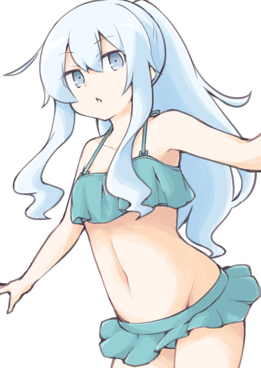 1girl akara_kai alternate_costume aqua_bikini bikini bikini_skirt blue_eyes blush cosplay frilled_bikini frills grey_hair hair_between_eyes hibiki_(kancolle) highres kantai_collection kasumi_(kancolle) kasumi_(kancolle)_(cosplay) kasumi_kai_ni_(kancolle) kasumi_kai_ni_(swimsuit)_(kancolle) long_hair looking_at_viewer official_alternate_hairstyle open_mouth ponytail simple_background solo swimsuit teeth upper_teeth_only white_background