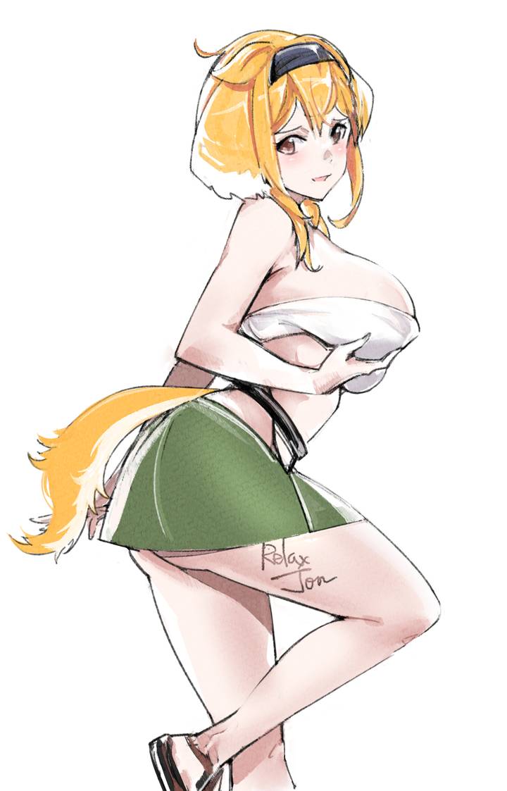 1girl animal_ears ass black_hairband blush body_writing breasts crop_top dog_ears dog_girl dog_tail eyebrows_hidden_by_hair from_side grabbing_own_breast green_skirt hairband isekai_meikyuu_de_harem_wo large_breasts looking_at_viewer medium_hair open_mouth relaxjon roxanne_(isekai_meikyuu_de_harem_wo) sandals shirt signature simple_background skirt solo standing standing_on_one_leg tail white_background white_shirt