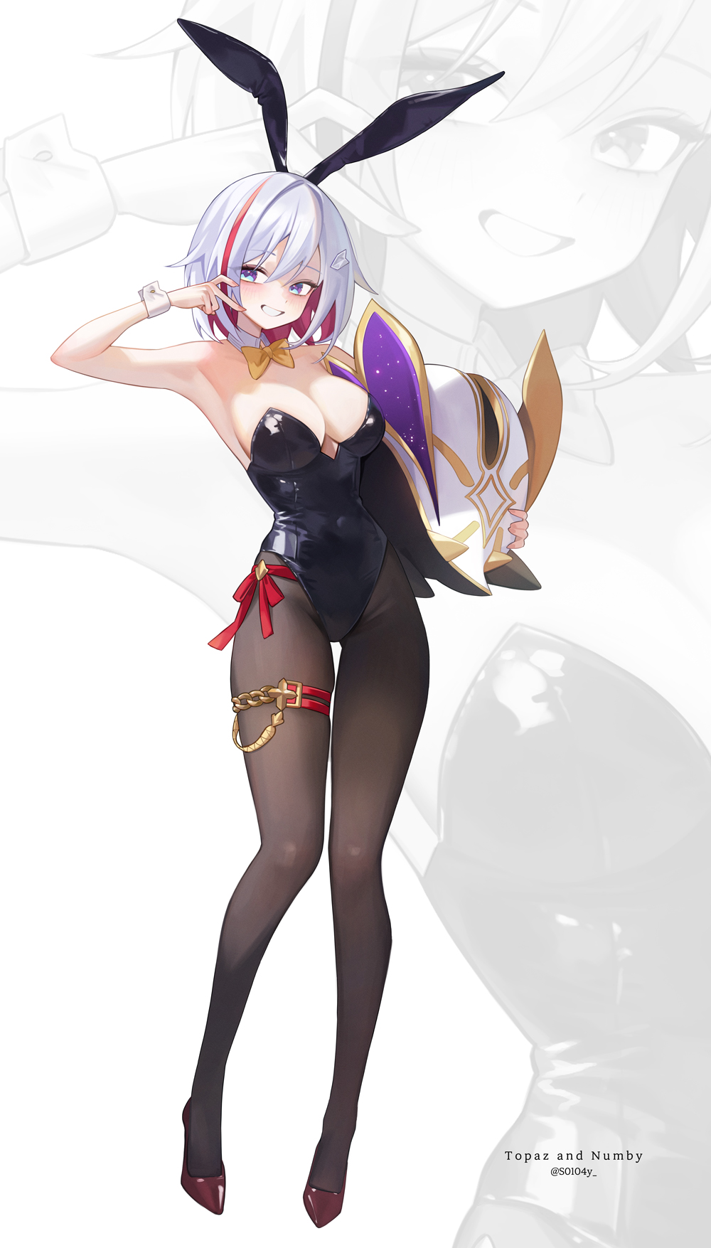 1girl alternate_costume animal animal_ears bare_shoulders black_leotard black_pantyhose bow bowtie breasts character_name commentary covered_navel detached_collar fake_animal_ears full_body high_heels highres holding holding_animal honkai:_star_rail honkai_(series) large_breasts leotard multicolored_eyes multicolored_hair numby_(honkai:_star_rail) open_mouth pantyhose playboy_bunny rabbit_ears red_footwear red_hair s0104y short_hair smile strapless strapless_leotard topaz_(honkai:_star_rail) trotter_(honkai:_star_rail) twitter_username two-tone_eyes two-tone_hair v v_over_eye white_background white_hair wrist_cuffs yellow_bow yellow_bowtie zoom_layer