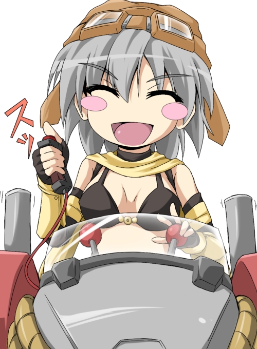 1girl bikini black_bikini black_gloves blush_stickers breasts closed_eyes commentary_request detonator elbow_gloves fingerless_gloves gloves goggles goggles_on_head grey_hair holding_detonator mecha mechanic_(ragnarok_online) medium_breasts open_mouth ragnarok_online robot short_hair simple_background smile solo swimsuit upper_body white_background yoshihiro-m