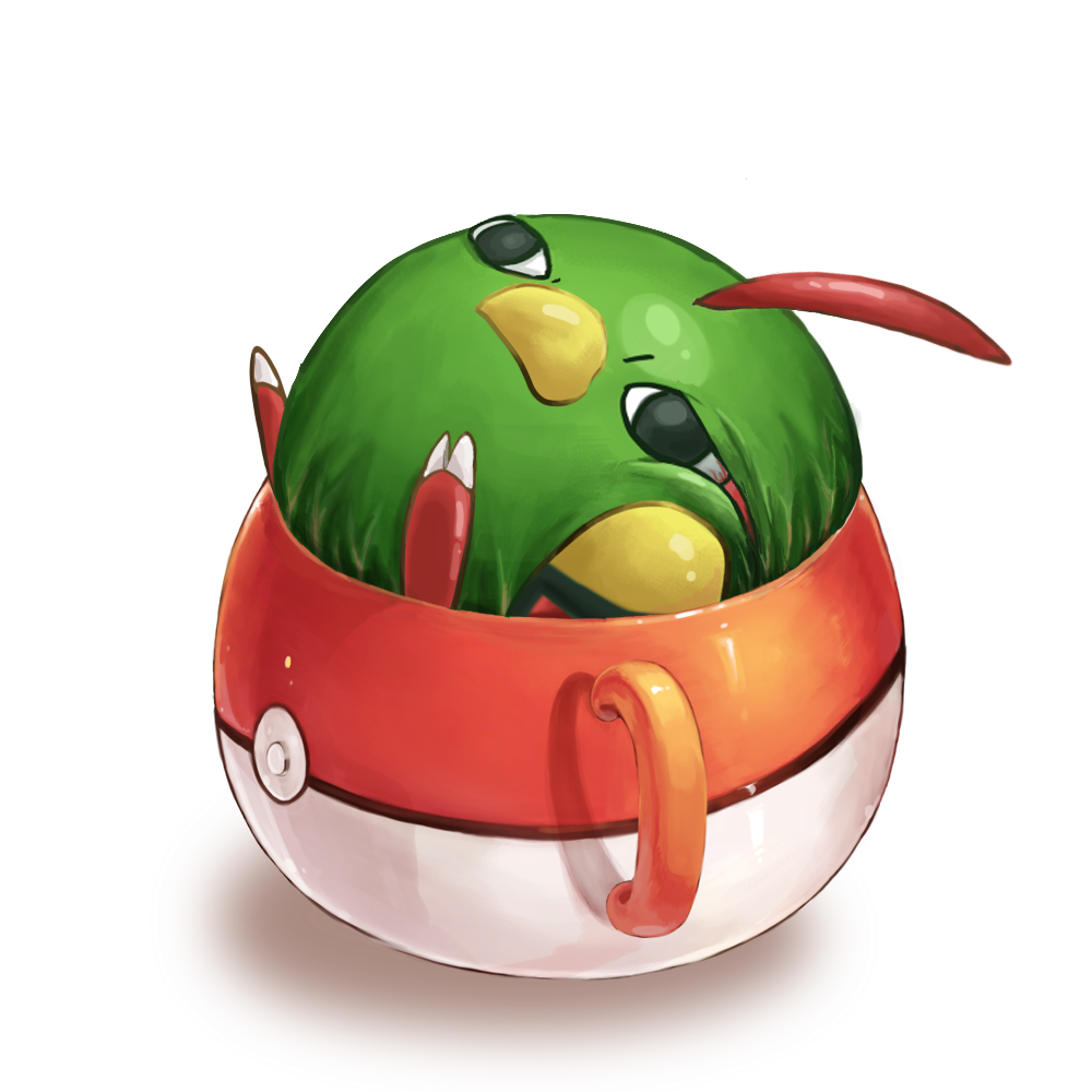 animal_focus asio-otus bird closed_mouth commentary_request cup gen_2_pokemon green_eyes in_container in_cup mug natu nintendo no_humans poke_ball_mug poke_ball_print pokemon pokemon_(creature) pokemon_focus simple_background solo unlikely_accident white_background
