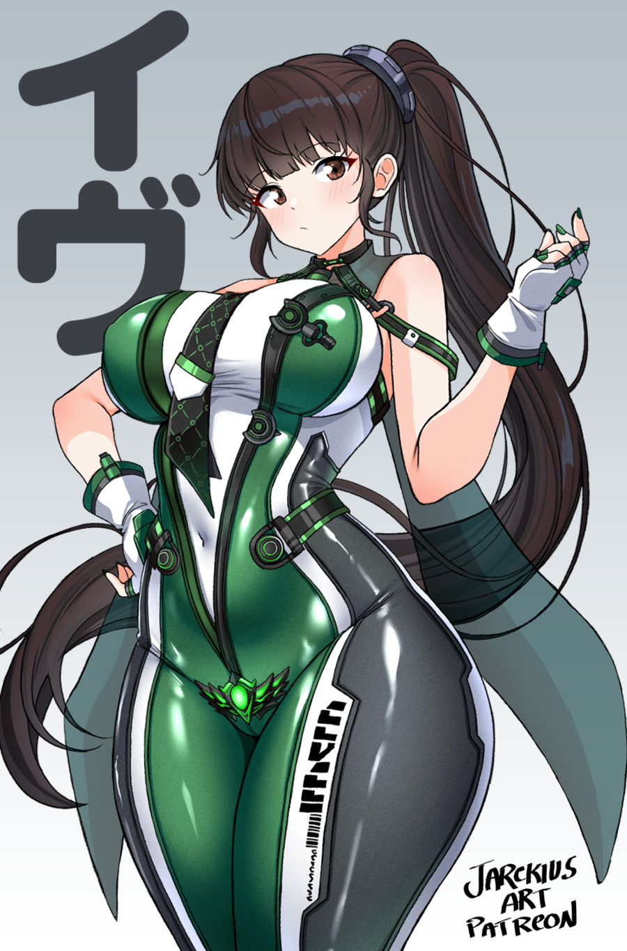 1girl artist_name black_hair breasts brown_eyes eve_(stellar_blade) female_focus gloves hair_ornament hand_on_own_hip highres jarckius large_breasts light_blush long_hair patreon_username planet_diving_suit_(7th)_(stellar_blade) ponytail simple_background skin_tight stellar_blade white_background white_gloves