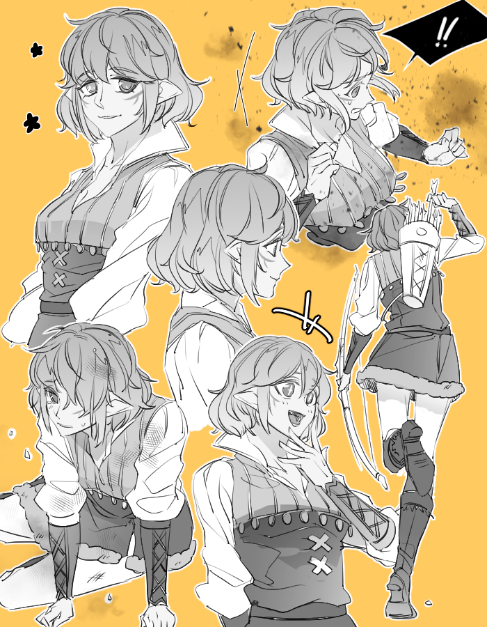 1girl bow dark-skinned_female dark_skin elf holding holding_weapon mabinogi monochrome muiriol multiple_expressions pointy_ears rian_(bdl) simple_background weapon