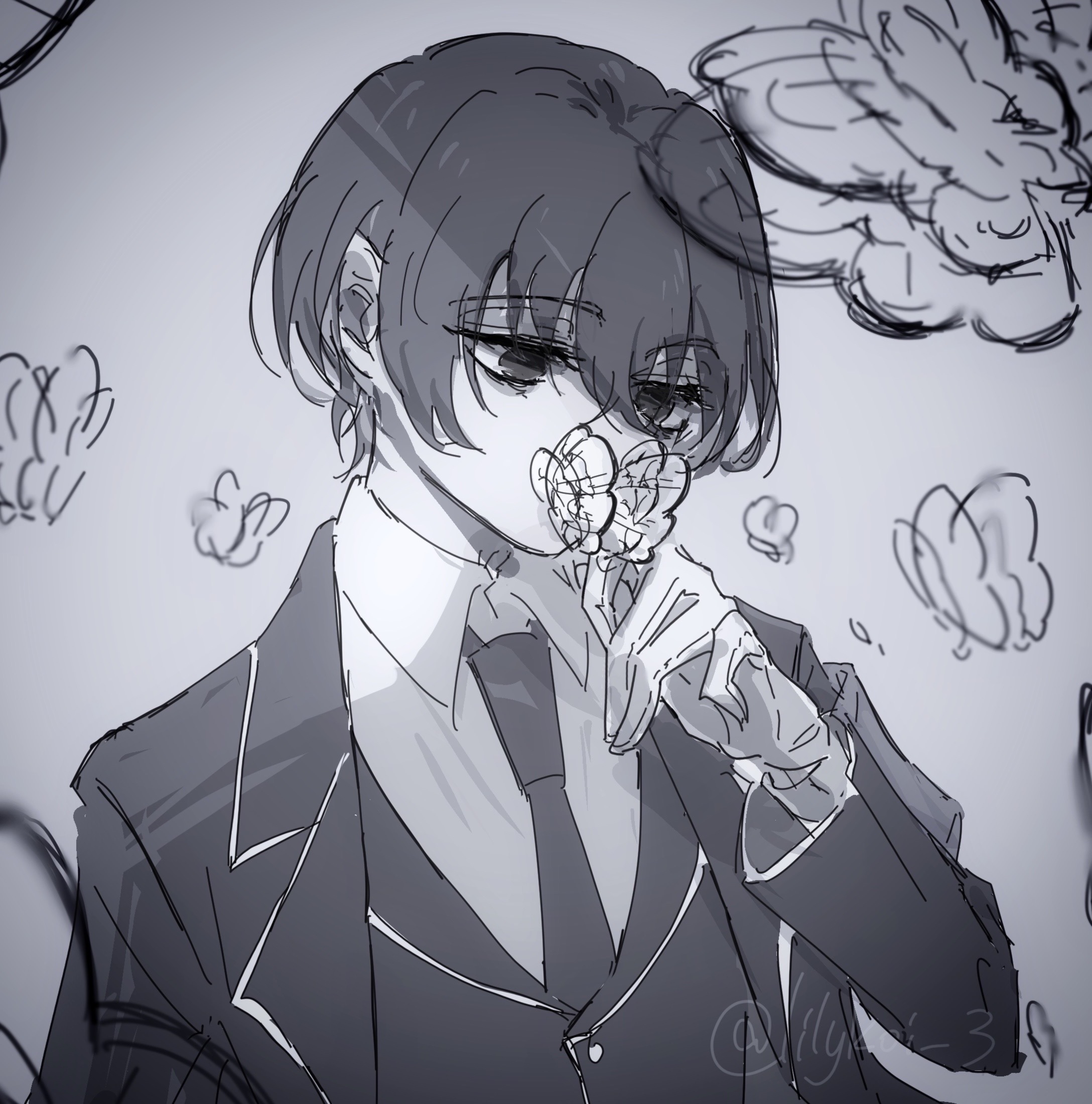 1boy black_hair black_suit black_vest blurry blurry_foreground bug butterfly butterfly_on_hand collared_shirt e.g.o_(project_moon) formal_clothes gloves greyscale highres holding_butterfly insect limbus_company long_sleeves looking_at_object male_focus monochrome necktie project_moon riri_(kira0311) shirt short_hair sketch solemn_lament_(e.g.o) solo suit too_many too_many_butterflies upper_body vest watermark white_background white_butterfly white_gloves white_shirt yi_sang_(project_moon)