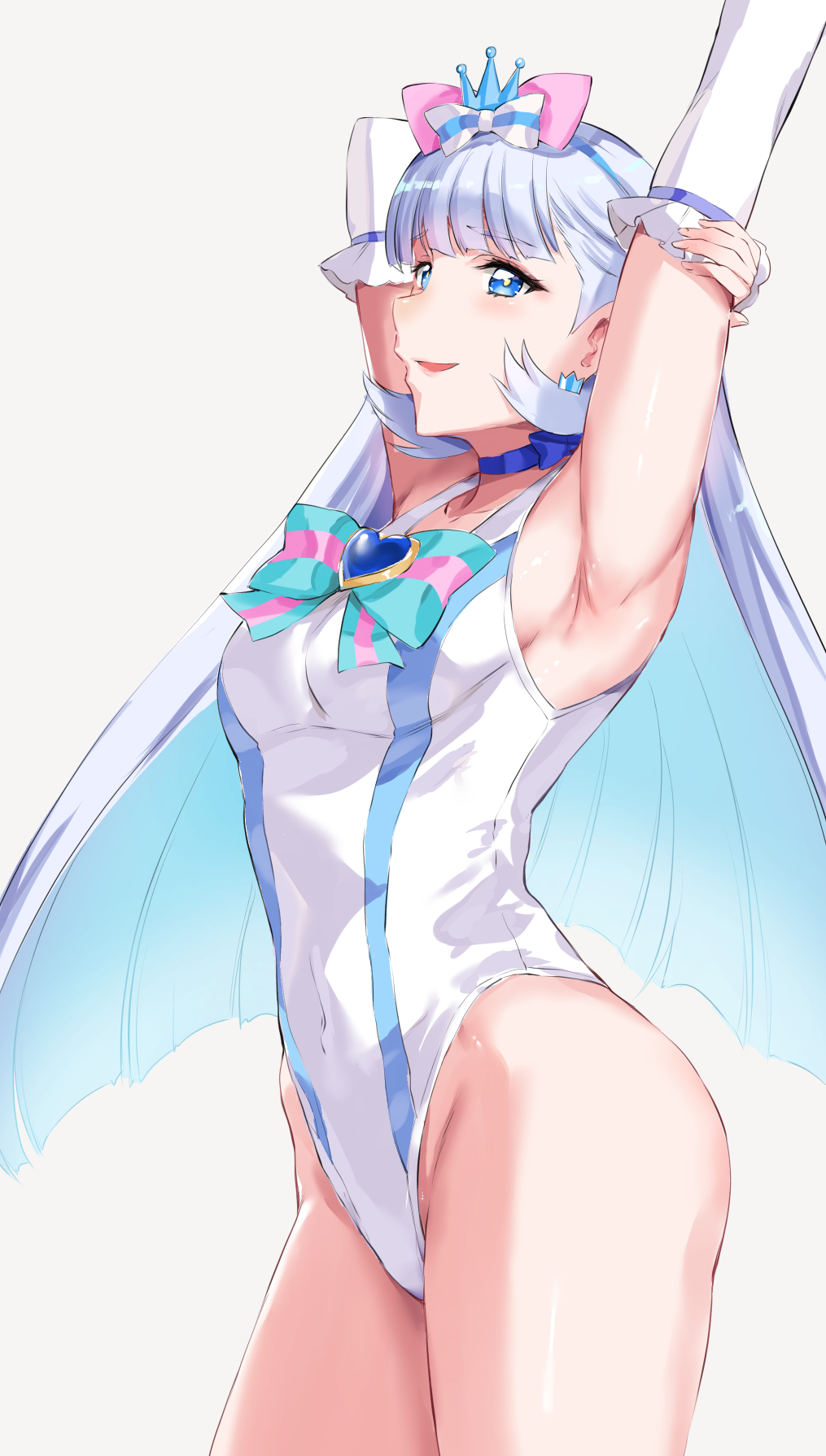 1girl adapted_costume aqua_hair armpits blue_bow blue_bowtie blue_choker blue_eyes bow bowtie breasts choker colored_stripes cowboy_shot crown cure_nyammy from_side gem hair_bow highleg highleg_one-piece_swimsuit highres kamishiro_ryuu long_hair mini_crown nekoyashiki_yuki one-piece_swimsuit open_mouth pink_bow precure purple_hair smile solo striped_bow swimsuit wonderful_precure!