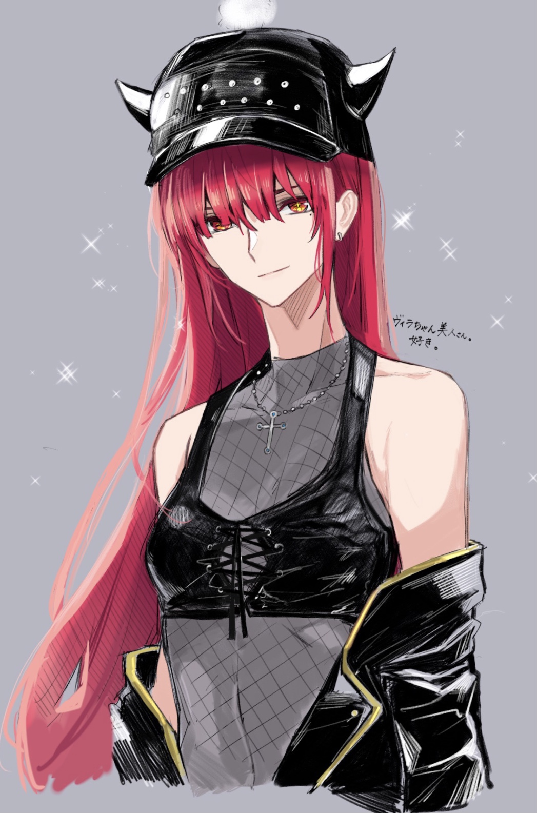 1girl black_jacket closed_mouth covered_navel cross-shaped_pupils earrings fake_horns fishnet_fabric grey_background hair_over_eyes hat highres hikachil horned_headwear horns jacket jewelry long_hair off-shoulder_jacket off_shoulder orange_eyes peaked_cap punishing:_gray_raven red_hair solo straight_hair symbol-shaped_pupils vera:_rozen_(night_fever)_(pgr) vera_(pgr)