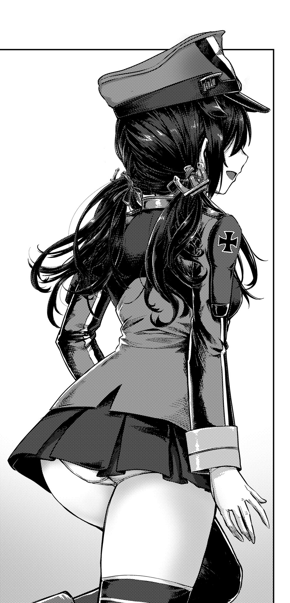 1girl anchor_hair_ornament ass cosplay cowboy_shot cross from_behind gouta_(nagishiro6624) greyscale hair_ornament hat highres iron_cross kantai_collection low_twintails microskirt military_hat military_uniform monochrome panties peaked_cap pleated_skirt prinz_eugen_(kancolle) prinz_eugen_(kancolle)_(cosplay) shigure_(kancolle) shigure_kai_ni_(kancolle) skirt solo thighhighs twintails underwear