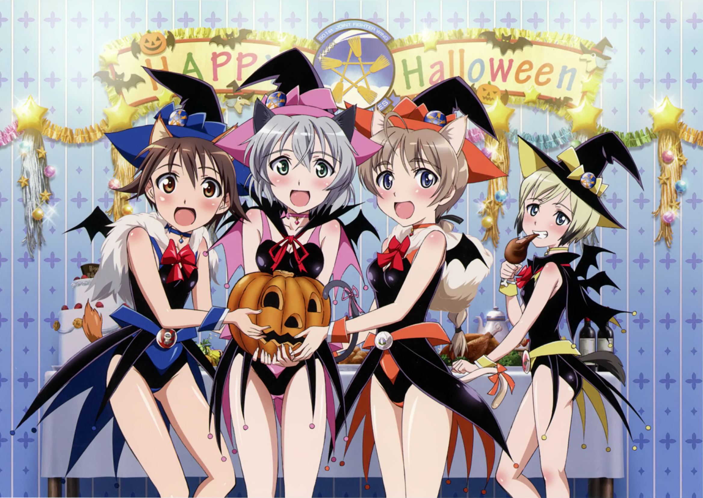 4girls animal_ears bare_legs bare_shoulders bat_(animal) blonde_hair blue_eyes blush bottle brown_eyes brown_hair cake cat_ears cat_tail chicken_(food) choker dot_nose eating english_text erica_hartmann food garland_(decoration) grey_eyes grey_hair halloween halloween_costume happy_halloween hat highres holding holding_food holding_jack_o_lantern jack-o'-lantern legs looking_at_viewer lynette_bishop medium_hair miyafuji_yoshika multiple_girls official_art open_mouth sanya_v._litvyak standing star_(symbol) strike_witches table tail teeth turkey_(food) witch witch_hat world_witches_series wrist_cuffs