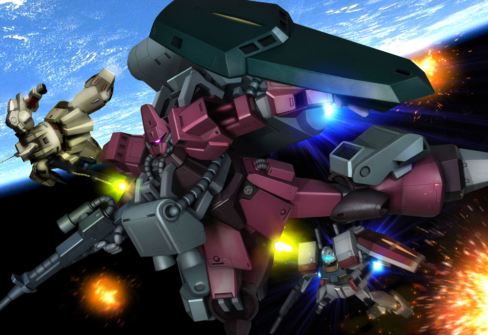 explosion galbaldy_beta gm_iii gun gundam hiropon_(tasogare_no_puu) mecha no_humans robot shield space the_o_(mobile_suit) weapon zeta_gundam