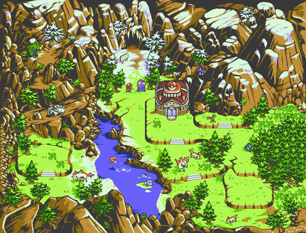 1boy andrea_asperges cliff commentary doduo donphan door ethan_(pokemon) from_above gen_1_pokemon gen_2_pokemon grass larvitar magikarp mt._silver nintendo outdoors pixel_art pokemon pokemon_(creature) pokemon_center pokemon_gsc poliwag ponyta rapidash rock sign sneasel stairs standing tangela tree typhlosion tyranitar water