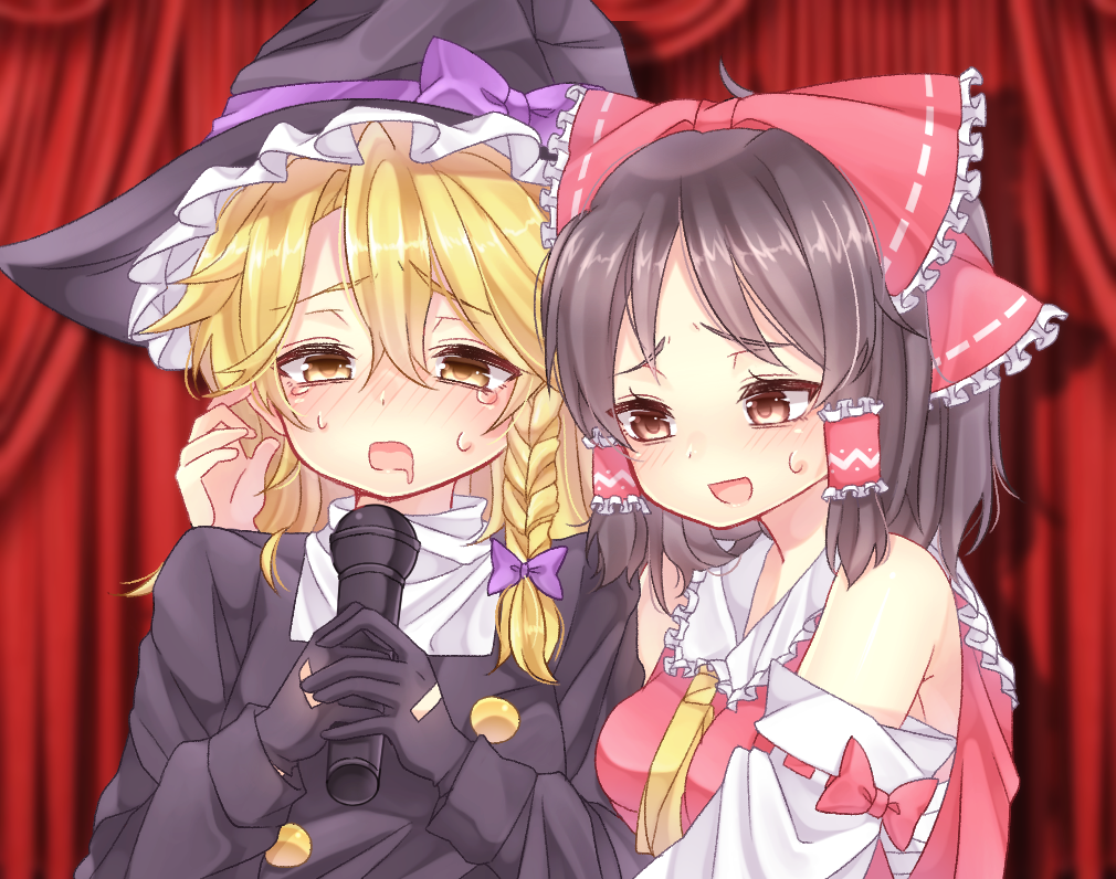 1boy 1girl :d ascot black_coat black_gloves black_hair black_hat blonde_hair blurry blurry_background blush bow braid brown_eyes buttons coat commentary_request cookie_(touhou) crossdressing curtains detached_sleeves frilled_bow frilled_hair_tubes frilled_shirt_collar frills genderswap genderswap_(ftm) gloves hair_bow hair_tubes hakurei_reimu hat holding holding_microphone implied_handjob kirisame_marisa long_hair microphone negebo nose_blush open_mouth pink_bow pink_shirt purple_bow rei_(cookie) ribbon-trimmed_sleeves ribbon_trim sananana_(cookie) shirt short_hair side_braid sidelocks single_braid sleeveless sleeveless_shirt smile touhou upper_body white_sleeves witch_hat yellow_ascot yellow_eyes