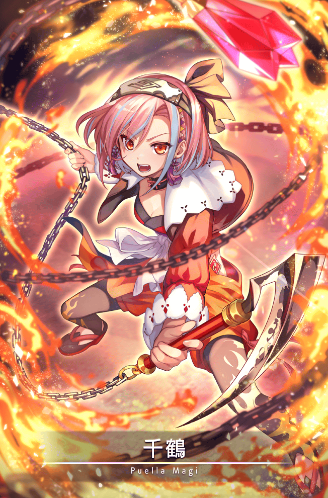 1girl black_bow black_choker black_pantyhose blue_hair bow braid breasts card_(medium) chain character_name chizuru_(madoka_magica) choker cleavage clothing_cutout determined embers fighting_stance fire flame_print floating_clothes full_body game_cg gem gradient_clothes gradient_jacket hair_bow hairband holding holding_chain holding_scythe jacket looking_at_viewer magia_record:_mahou_shoujo_madoka_magica_gaiden magical_girl mahou_shoujo_madoka_magica medium_breasts multicolored_hair neck_ribbon official_art okobo open_clothes open_jacket open_mouth outline pantyhose pink_hair platform_sandals pyrokinesis red_background red_eyes red_gemstone red_jacket red_ribbon red_sandals red_shorts ribbon sandals scythe short_hair shorts side_braid side_slit side_slit_shorts solo stirrup_legwear streaked_hair teeth thigh_cutout toeless_legwear uedrk_yamato v-shaped_eyebrows waist_bow white_hairband white_outline