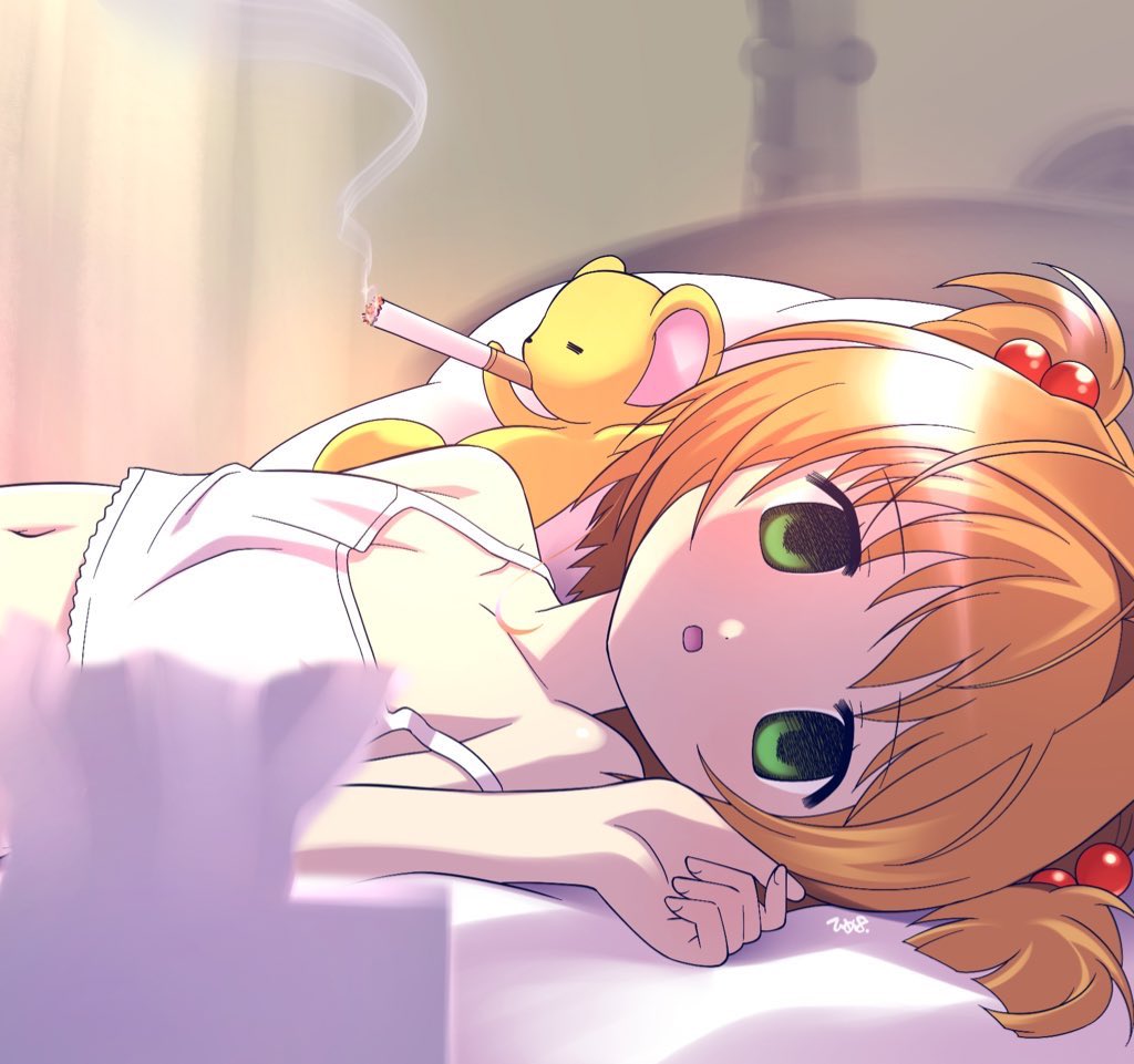 1boy 1girl cardcaptor_sakura cigarette closed_eyes empty_eyes green_eyes himehachi_(hime8manga) kero_(cardcaptor_sakura) kinomoto_sakura navel on_bed open_mouth pillow ruined_for_marriage smoke smoking