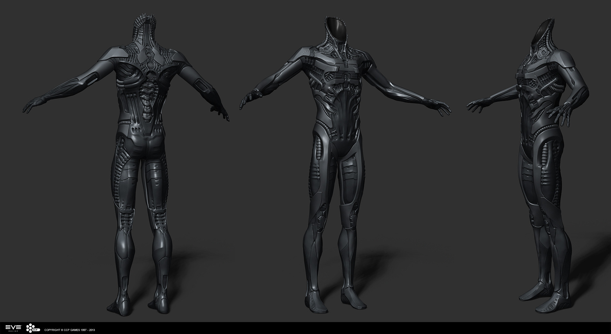 3d armor autodesk_3ds_max_(medium) bodysuit bokaja_(jakob_falkenberg) commentary company_logo company_name copyright_logo copyright_name dated drifters_(eve_online) eve_online full_body grey_background greyscale highres logo monochrome multiple_views no_humans official_art realistic science_fiction simple_background zbrush_(medium)