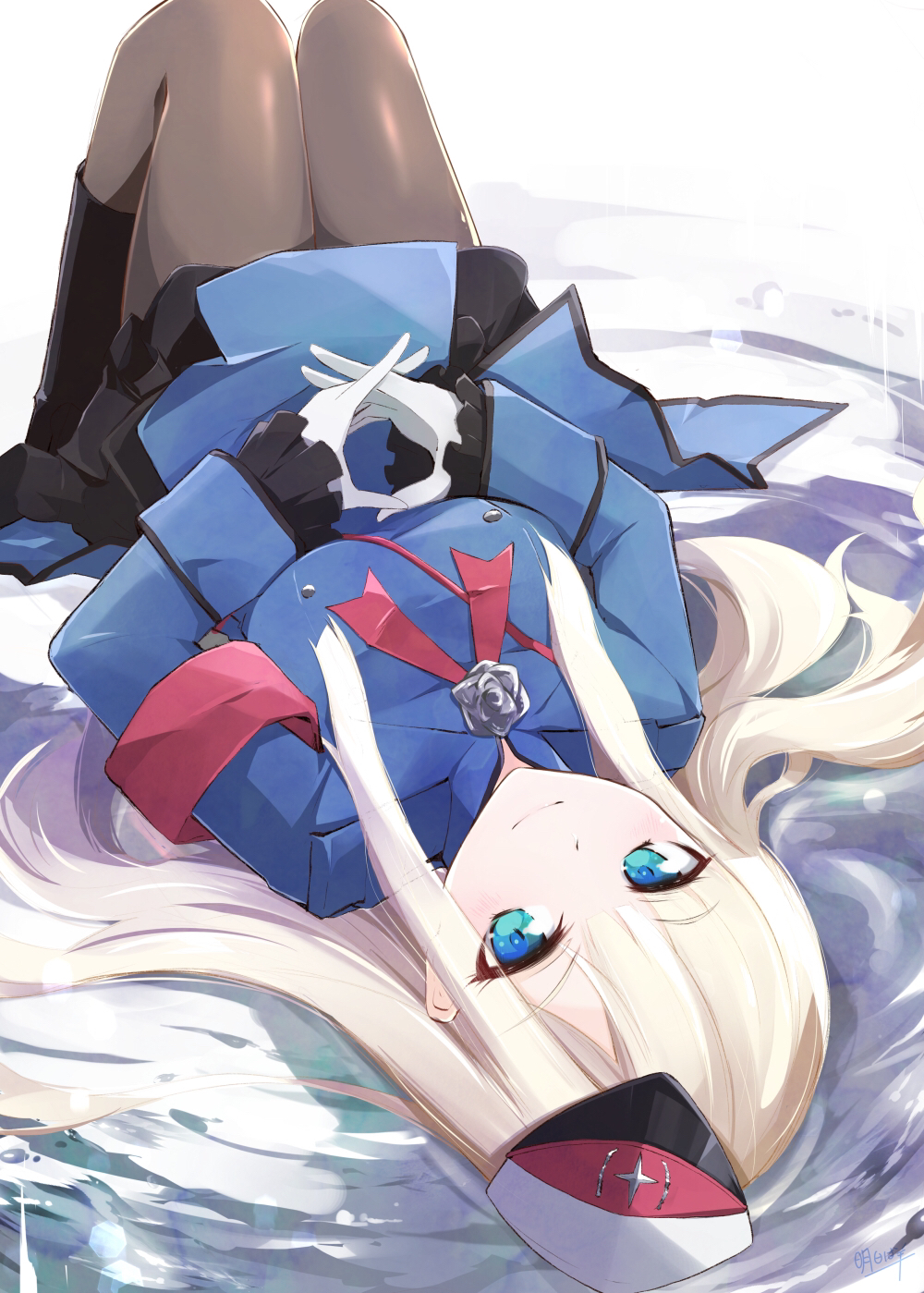 1girl armband ashita_wa_hitsuji blonde_hair blue_eyes boots fate/grand_order fate_(series) fingers_together gloves hat highres lord_el-melloi_ii_case_files lying mini_hat on_back pantyhose reines_el-melloi_archisorte reines_el-melloi_archisorte_(second_ascension) smile white_gloves